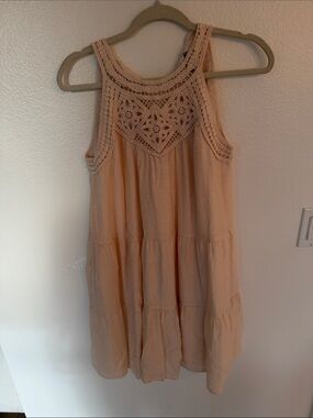 Women's Soft Peach Crochet Yoke Tiered Mini Dress